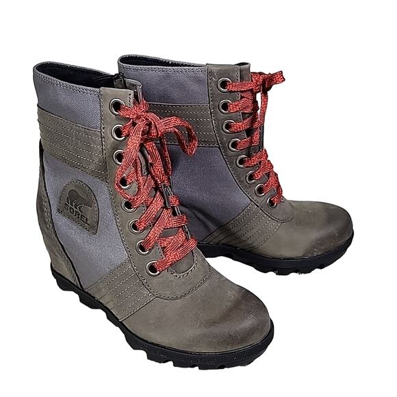 Sorel Lexie Wedge Quarry Grey Leather Boot Womens Size 5.5 NEW - Picture 1 of 13